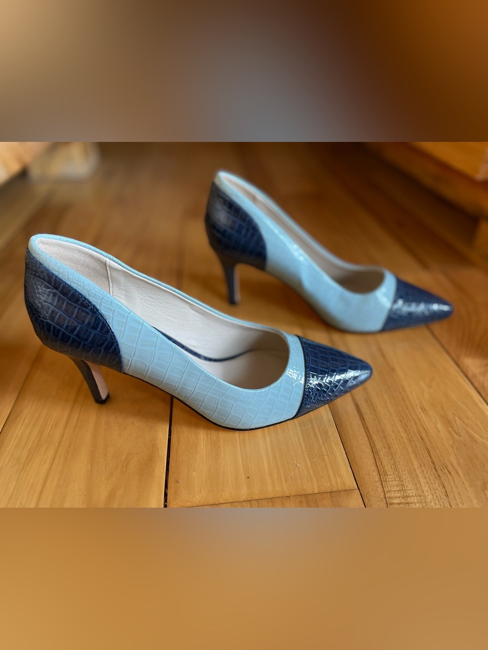 Ashro Two-Tone Light Blue and Navy Croc-Embossed Pointed Pumps
